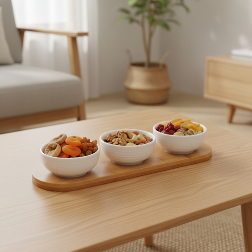Ceramic Bowl Set on oval wood tray - coffee table styling