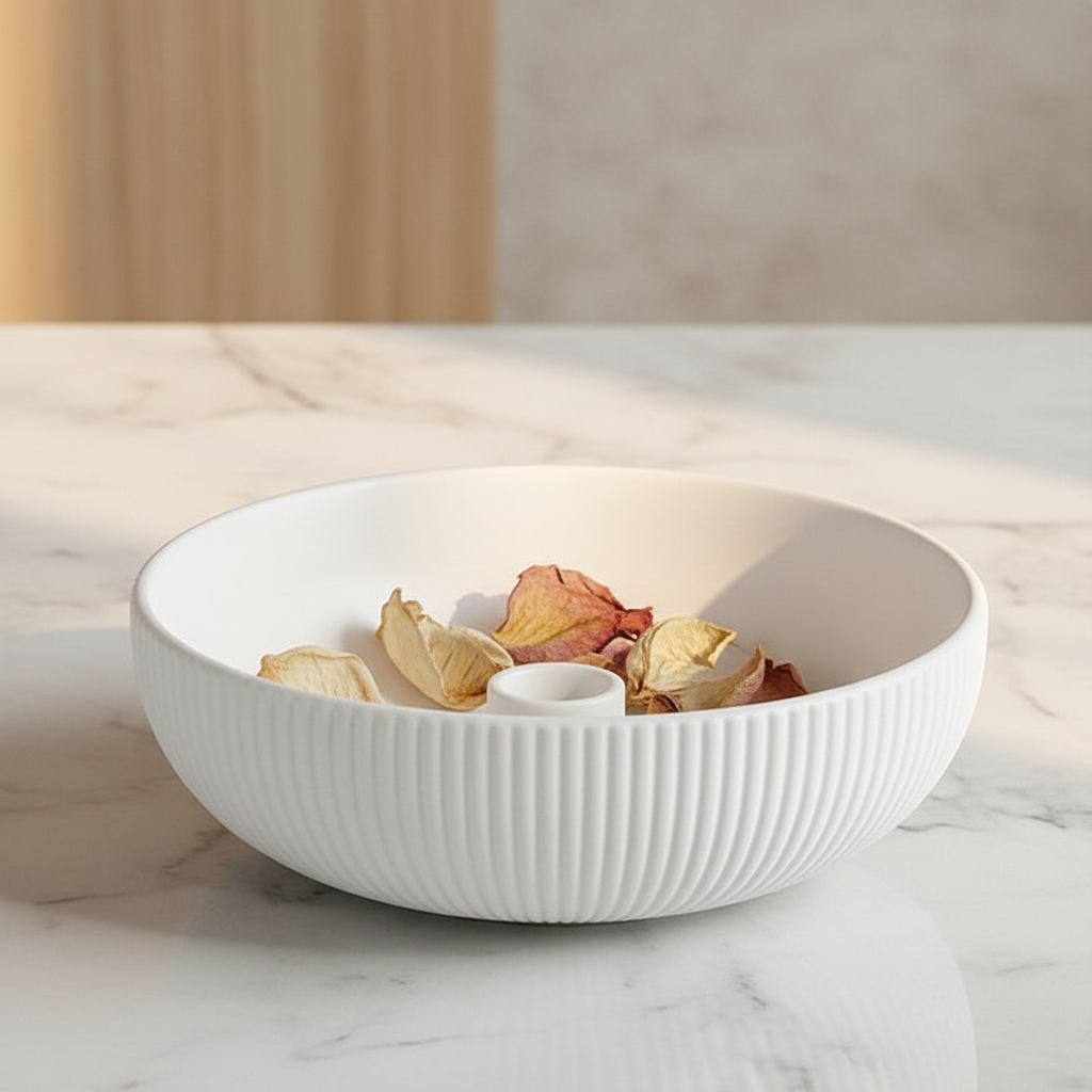 White ribbed ceramic bowl on marble with dried petals