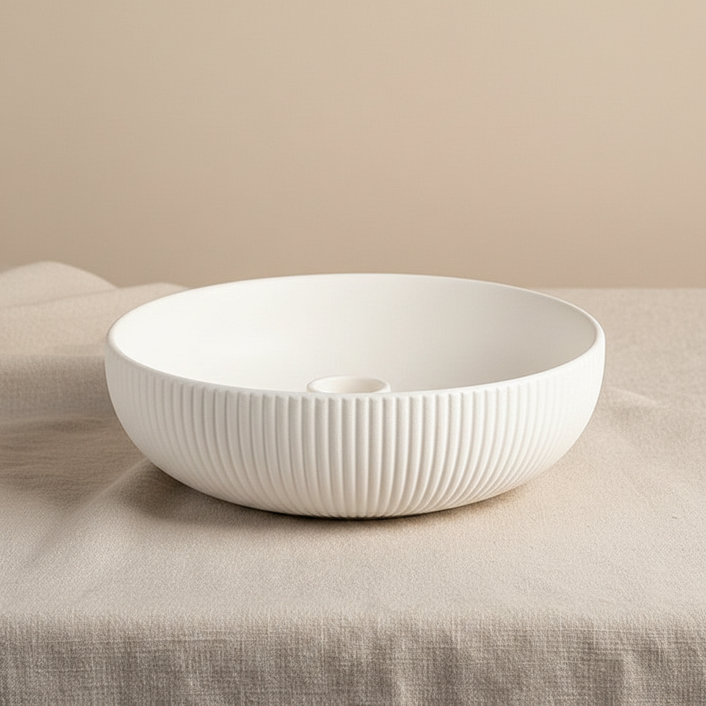 White ribbed ceramic bowl on linen fabric side view