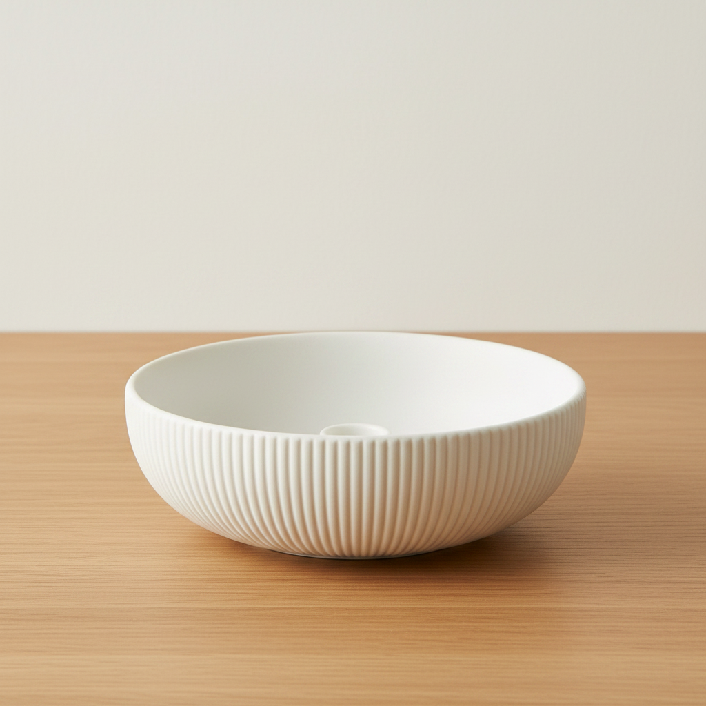 White ribbed ceramic bowl on oak surface