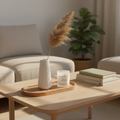 Oval Wood Tray styled with White Tea candle and ribbed vase