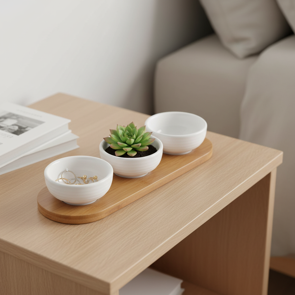 Ceramic Bowl Set on oval wood tray - bedside organizer