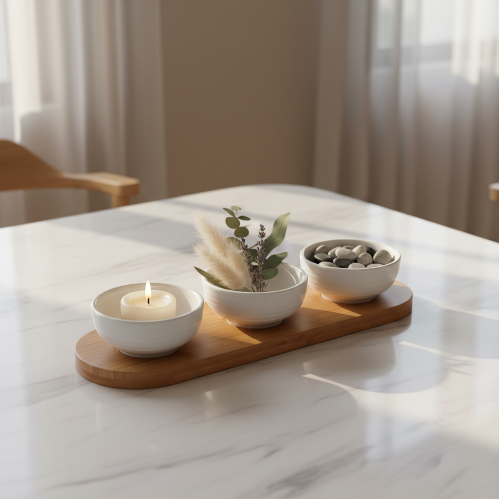 Ceramic Bowl Set on oval wood tray - dining table styling