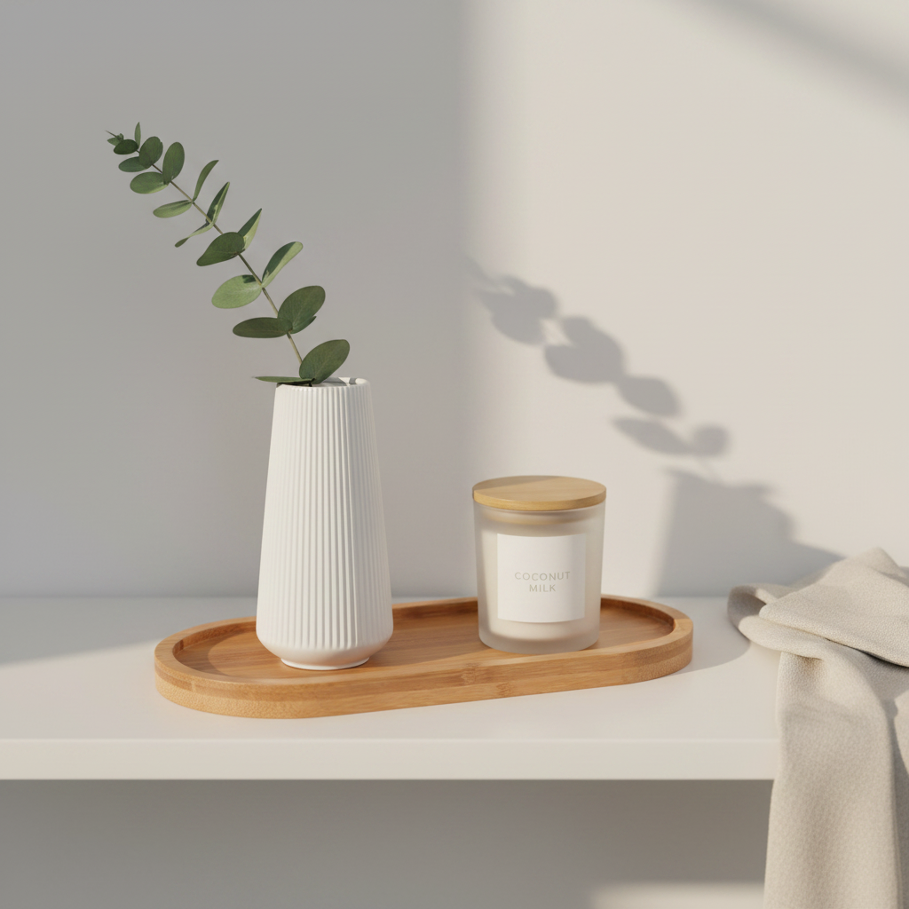 Oval Wood Tray styled with Coconut Milk candle in bathroom